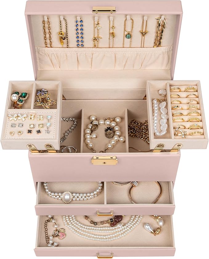 AKOZLIN Travel Jewelry Box Organizer Functional 2-trays Leather Jewelry Storage Case with Lockable Portable 2 Drawers for Women Girls Ring Necklace Earring Bracelet