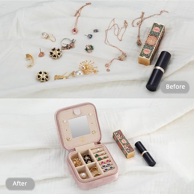 TRODANCE Plush Velvet Travel Jewelry Case Organizer, Small Travel Jewelry Box,Portable Jewelry Box Travel Mini Organizer Portable Display Storage Box For Rings Earrings Necklaces (Pink)