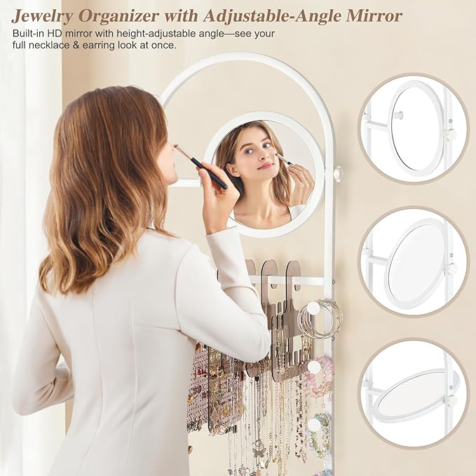 Keebofly Floor Jewelry Organizer with Adjustable Mirror, 67.52" Tall Jewelry Display Stand with 6 Acrylic Earring Necklace Pegboards, Mobile Jewelry Tower with Large Storage Drawer for Women