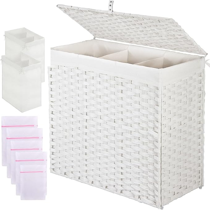 Greenstell Laundry Hamper with Lid, 125L Wicker Laundry Baskets with 2 Removable Liner Bags & 5 Mesh Laundry Bags, Handwoven Rattan Clothes Hamper with Handles for Clothes in Bathroom, Bedroom