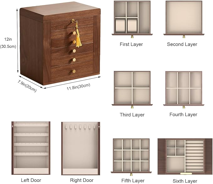CHOSIN Black Walnut Wooden Jewelry Box, 6-Layer Lockable Wood Jewelry Organizer with Mirror, Side Doors & Brass Handle, Classical Design for Rings, Necklaces, Earrings, Mothers Day Gifts for Mom