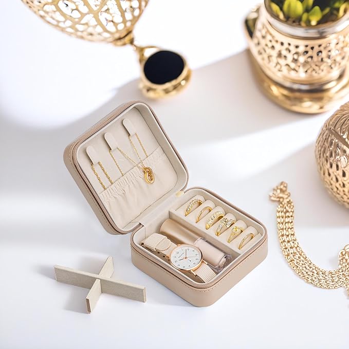 VLANDO Small Travel Jewelry Box Organizer Display Case for Girls Women Gift Rings Earrings Necklaces Storage, Latte