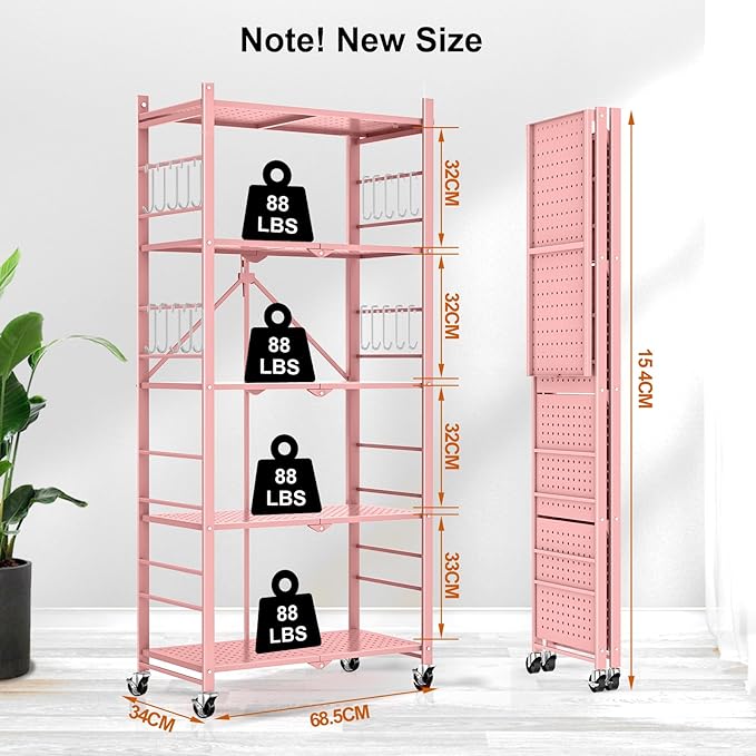 Himix Storage Shelves with 20 Hooks, 5-Tier Foldable Shelves for Storage, Folding Shelf Unit Pantry Shelves with Wheels, Standing Shelving Unit for Kitchen Garage Home Office Room Greenhouse, Pink