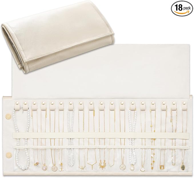 Lolalet Travel Necklace Organizer, Tangle-Free Necklace Case for Travel, Leather Foldable Roll Up Jewelry Storage Bag for Necklaces Chains Bracelets, Mothers Day Gift