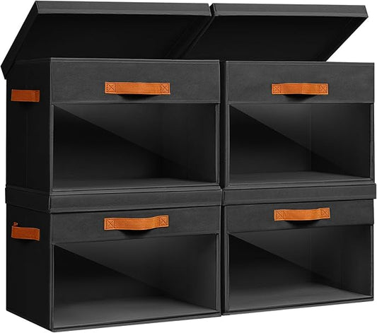 Homsorout Large Storage Bins with Lids - 4 Pack Foldable Decorative Organizers with Clear Windows & Handles, Cube Storage Organizers for Clothes, Blankets, Sweaters, Sheets, Black