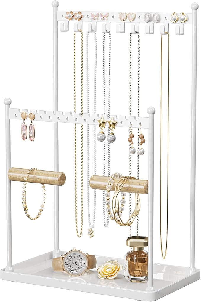 3 Tier white Jewelry Stand, Necklace Organizer, Earring Holder with 44 Holes and 9 Hooks, for Necklaces, Bracelets, Rings