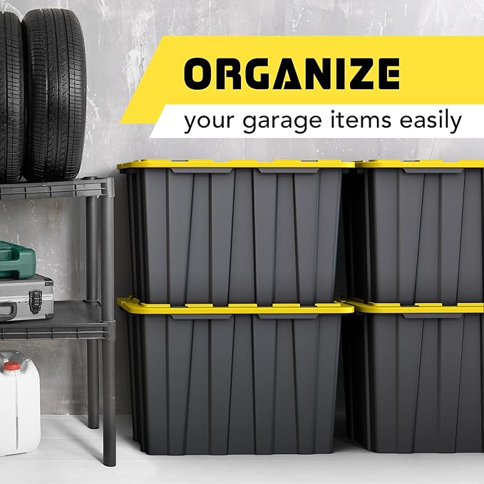 4 PACK X-Large Black & Yellow Storage Bins | Plastic Tote Organizing Container with Secure Latching Lids, Stackable, Extra Strength with Built in Handle | Black and Yellow Bins | 24.5" x 16.5" x 16.6"