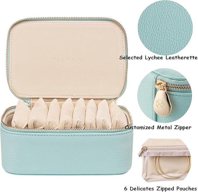 VLANDO Travel Jewelry Box Organizer – Portable PU Leather Jewelry Case with 6/8/12 Zippered Pouches, Compact Storage for Earrings Rings Necklaces Bracelets, Aqua Blue