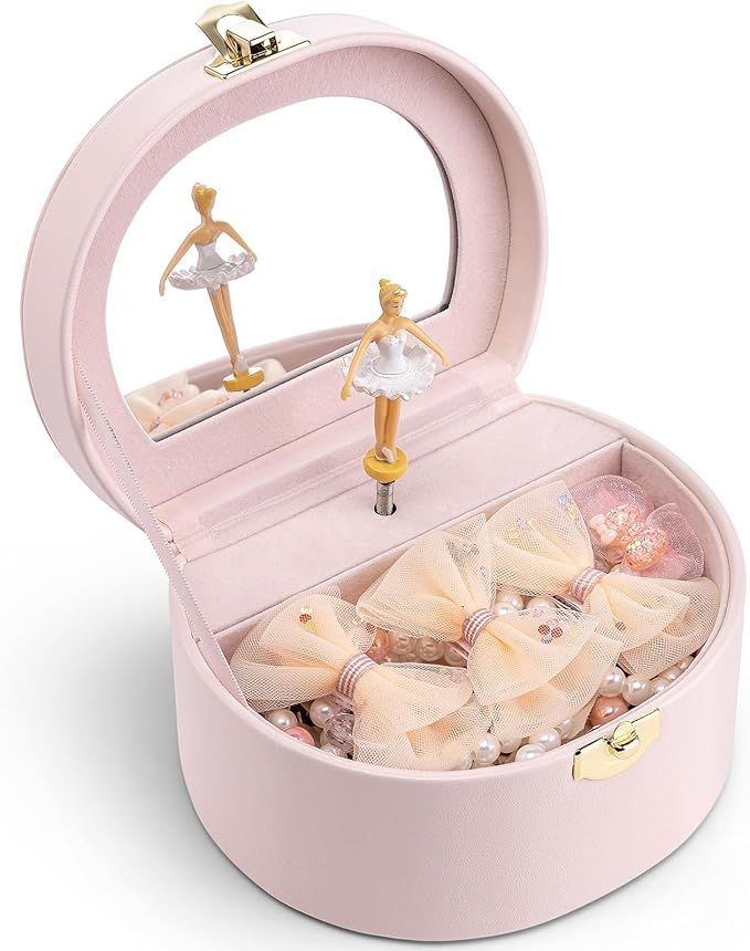 VLANDO Musical Jewelry Box for Girls, Small Kid Music Box with Ballerina for Party Bedroom Decor, Bithday Gift for Girl - Light Pink