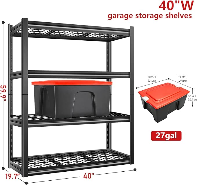 40W Garage Storage Shelves,2200LBS Metal Storage Shelves,Adjustable Heavy Duty Metal Garage Shelving Units Industrial Shelving for Garage,Basement,Warehouse,19.6" D x 39.37" W x 59.84" H