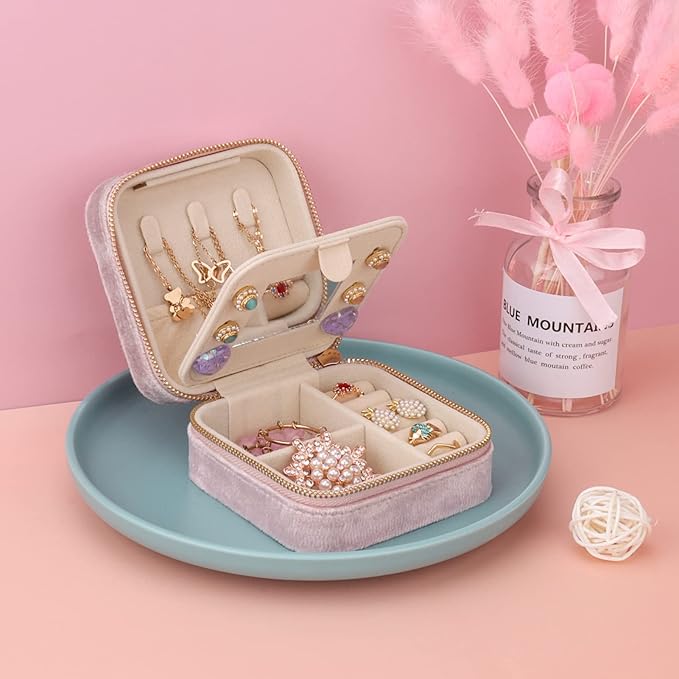 DesignSter Travel Jewelry Box - Velvet Mini Jewelry Organizer, Small Jewelry Case for Girls Women, Jewelry Storage Box for Rings Earrings Necklace (Square, Lotus Pink)