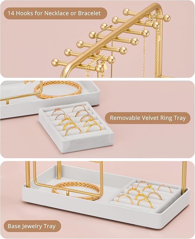 ProCase Jewelry Stand Holder Organizer, Jewelry Display Storage with Ring Tray, Rotating Earring Bracelet Necklace Holder, Valentine's Gifts Room Dorm Decor for Teen Girls -Gold (No-Assembly)