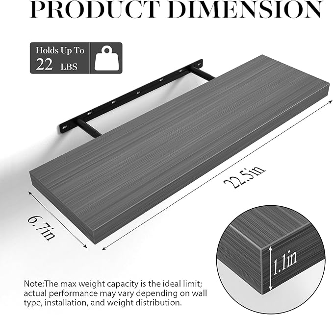 BAYKA Grey Floating Shelves for Wall 22.5 inch, Wall Mounted Shelf for Bedroom, Living Room, Kitchen – Wood with Hidden Metal Brackets, 22LBS Capacity, 6.7” Deep – Storage for Books, Plants, Decor