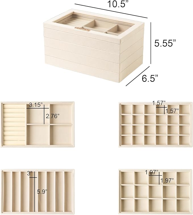 Frebeauty Stackable Jewelry Trays, Velvet Drawer Jewelry Organizer with Glass Lid,5 in 1 Multi-Functional Jewelry Storage for Earrings Necklaces Rings, 10.5 x 6.5 x 5.55 Inches Gift for Women(Beige)