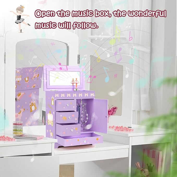 Large Jewelry Box for Girls 5-Layer Music Box with Swing Door Spinning Ballerina Unicorn Necklace & Bracelet Set Children Jewelry Organizer for Girls Kids Birthday Christmas Gift Purple