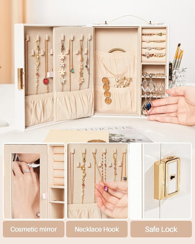 Enthralite Large Travel Jewelry Case: Portable Jewelry Box with Mirror - PU Leather Small Jewelry Organizer for Rings Earrings Necklaces Bracelets - Birthday Gift for Her