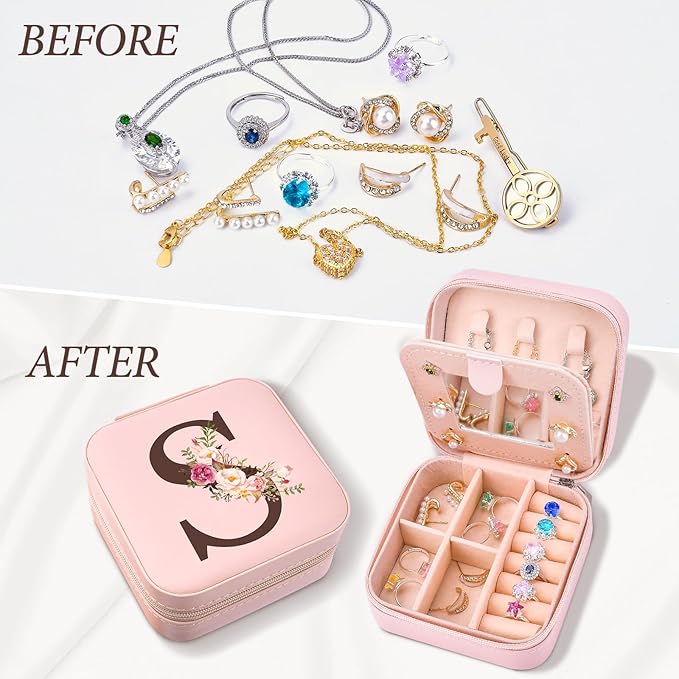 Inngeroo Mothers Day Mom Gifts for Wife Daughter Grandma, Travel Jewelry Case Box Organizer, Personalized Gifts for Women Teen Girls Mom Aunt Sister, Bridesmaid Gifts Traveling Essentials, Initial S