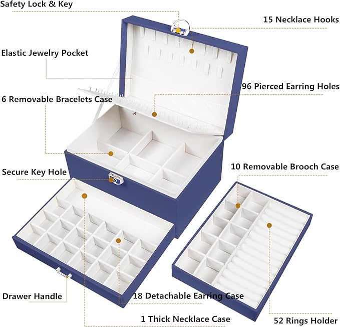 QBestry Earring Jewelry Box for Women Girls Stud Organizers, 5 Layers Navy Jewelry Organizer Box with Lock Necklaces and Earrings Holder Jewelry Box with Earring Organizer for Women Girls Xmas Gifts