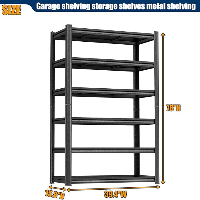 PRESTELION 78" H-40 W Storage Shelves Metal Garage Shelving Unit 3000LBS Metal Shelf Adjustable Storage Rack for Basement, Warehouse, Pantry, Closet, Kitchen 78" H x 39.4" W x 15.8" D, Black