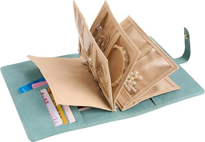 Travel Jewelry Binder Organizer Ring Binders - Jewelry Boxes PU Leather Case with Zipper Velvet Jewelry Pouch Bags for Daily Use & Gifting - Mint Green