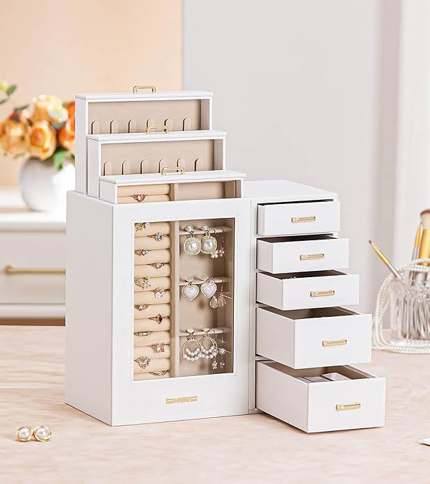 Homde Large Jewelry Box/Organizer/Case with Glass Window, Drawers for Necklaces Earrings Rings Bracelets Watches Gift for Women Girls