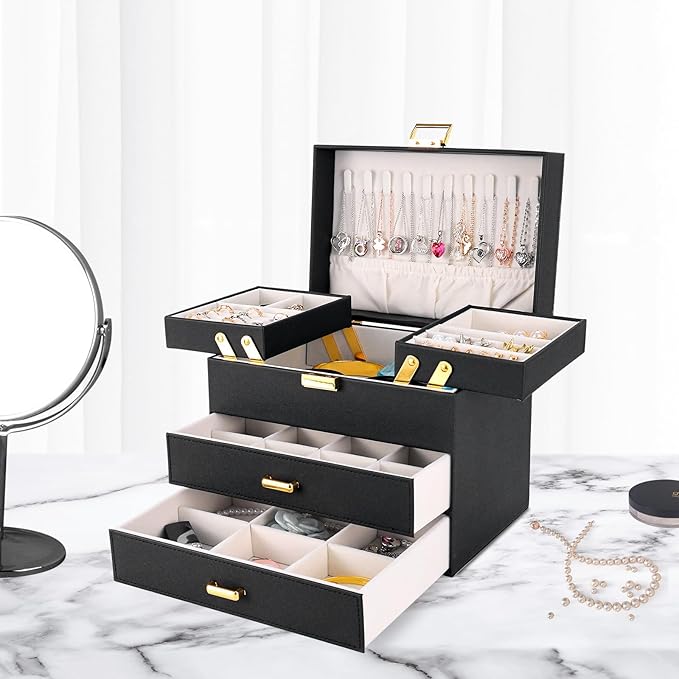 Dajasan Jewelry Organizer Box, Large Jewelry Boxes for Women Girls, Space-Saving 4 Layers Jewelry Storage Case with Drawer, Movable Metal Stand, Modern, Gift Idea (Black + Gold)