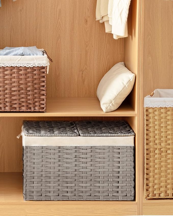 SETVSON Storage Basket with Lid Wicker Baskets for Storage with 2 Separate Lid 42.3 Gallon (160 L) 29.9 x 17.3 x 18.1 Inches Rattan Woven Large Wicker Basket with 2 Liners for Bedroom Laundry Gray