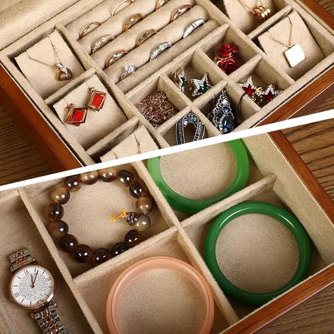 Wooden Jewelry Box with Lock, Double Layer Solid Walnut Wood Jewelry Organizer with Key Velvet Lining for Earrings Rings Necklaces Bracelets Cufflink Pendants Gift Idea Men Women
