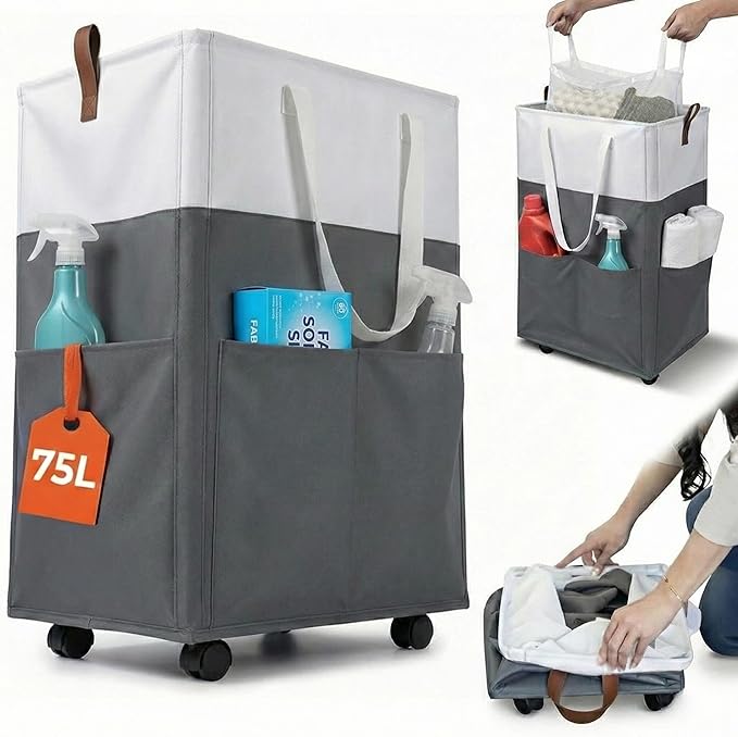 Laundry Basket with Wheels – Foldable, Space-Saving, Fabric Slim Laundry Hamper with Removable Bag and Side Pouches – Lightweight 75L Washing Basket for Clothes, Bedroom, Bathroom, Dorm