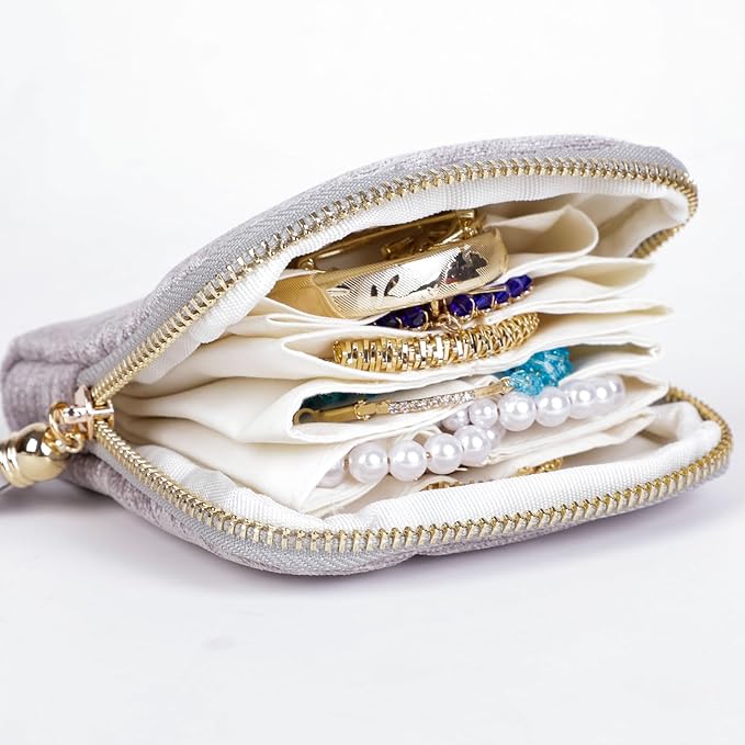 ASINGYER Travel Jewelry Storage Bag for Women, Velvet Portable Jewelry Organizer with Tassel Zipper, Small Pouches for Bracelets Necklaces Rings Earrings, Wedding Gift for Women (silver)