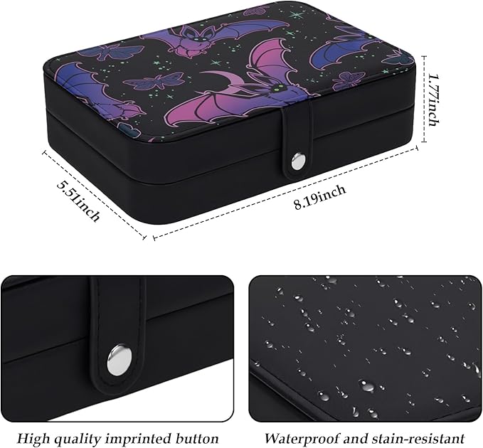 Halloween Basket Stuffers Bat Black Leather Jewelry Travel Case Personalized Jewelry Box for Women Men Girls Boys Portable Jewellery Storage Travel Earring Organizer Ring Case Box Bracelet