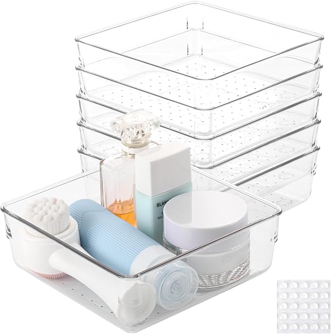 Ohlove 6 Pcs Large Clear Plastic Drawer Organizers Tray 6" x 6" Storage Bins with 25 Pcs Non-Slip Pads for Makeup, Jewelries, Kitchen Utensils, Bathroom and Office