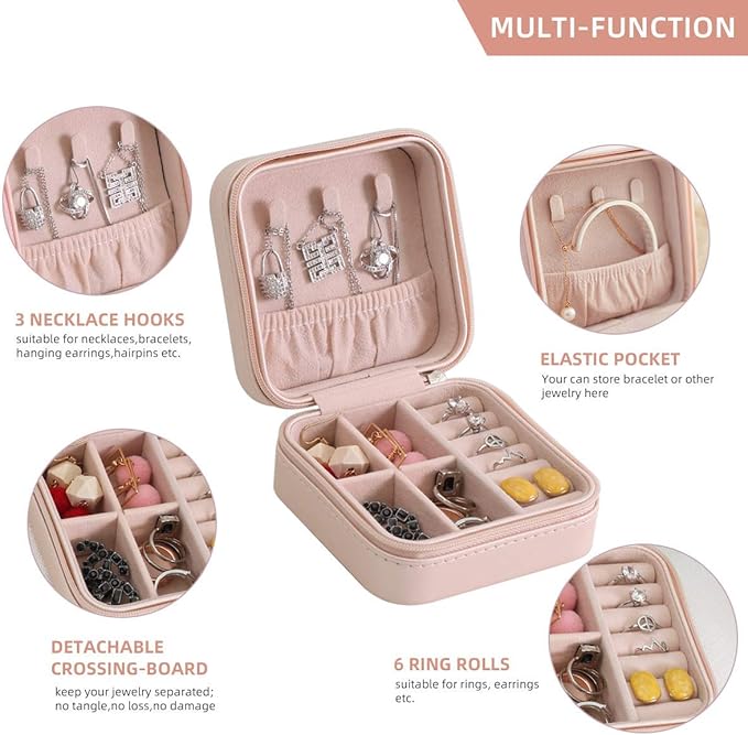 Mini Jewelry Travel Case,Small Travel Jewelry Organizer,Travel Portable Jewelry Case for Ring, Pendant, Earring, Necklace, Bracelet Organizer Storage Holder Boxes (Pink)