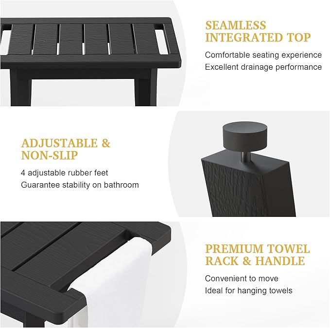 HIPS Shower Bench Inside Shower Stool with Storage Shelf, Waterproof Spa Bath Chair for Bathroom, Seat or Organizer for Living Room, Bedroom - Great for All Ages Unisex Elderly (Medium, Black)