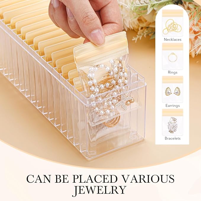 Kenning 42 Pcs Acrylic Jewelry Case Organizer, Clear Jewelry Organizers Holder with Portable Anti Tarnish Storage Bags for Rings, Earrings, Necklaces, Ideal Gifts for Women (Yellow)