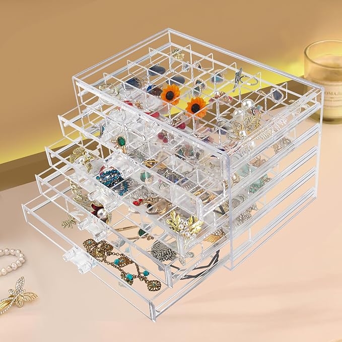 Ptaedex Jewelry Organizer Box, Acrylic Jewelry Holder Clear Jewelry Storage with 5 Drawers for Women Girls Men