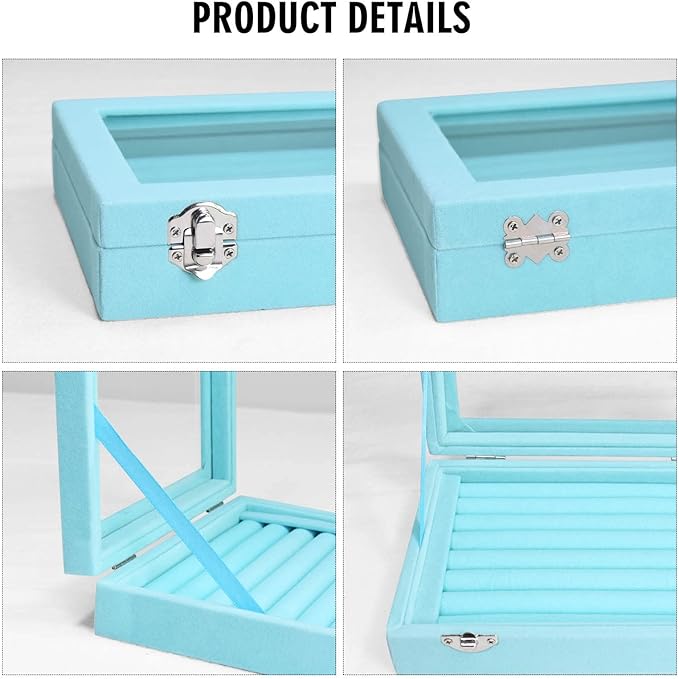 Vicoter Rings Organizer Tray 7 Slots Velvet Jewelry Earring Storage Box with Transparent lid Jewelry Display Case for Girls Wife Mom Women (Light Blue)