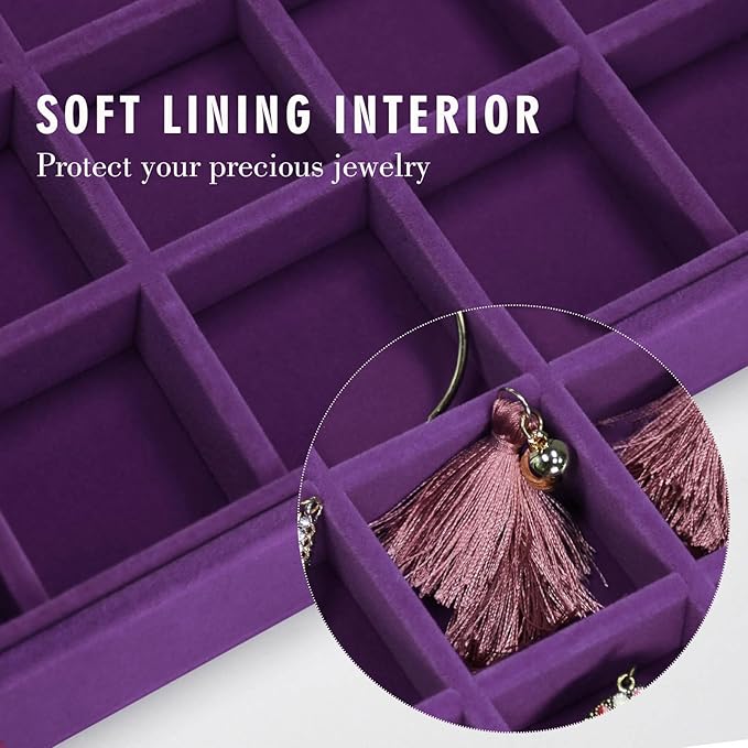 Siveit Velvet Jewelry Tray 48 Grid Jewelry Display Tray Organizer Box with Transparent Lid Rings Earrings Necklaces Pendants Display Box Suitable for Women and Girls (Purple)