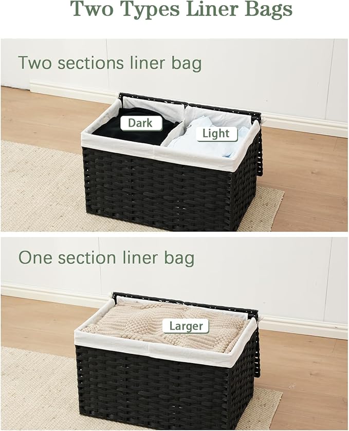 SETVSON Storage Basket with Lid Wicker Baskets for Storage with 2 Separate Lid 42.3 Gallon (160 L) 29.9 x 17.3 x 18.1 Inches Rattan Woven Large Wicker Basket with 2 Liners for Bedroom Laundry Black