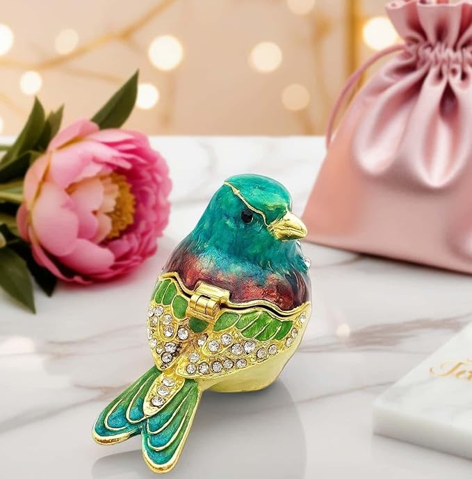 Turquoise Green Bird Trinket Boxes Hinged,Bird Decor with Crystals Enamel Jewelry Box.Necklace Ring Box Earrings Storage.Collectible Birds Lover Gifts Figurines Home Decor