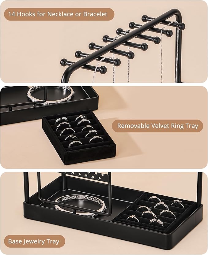 ProCase Jewelry Stand Holder Organizer, Jewelry Display Storage with Ring Tray, Rotating Earring Bracelet Necklace Holder, Valentine's Gifts Room Dorm Decor for Teen Girls -Black (No-Assembly)