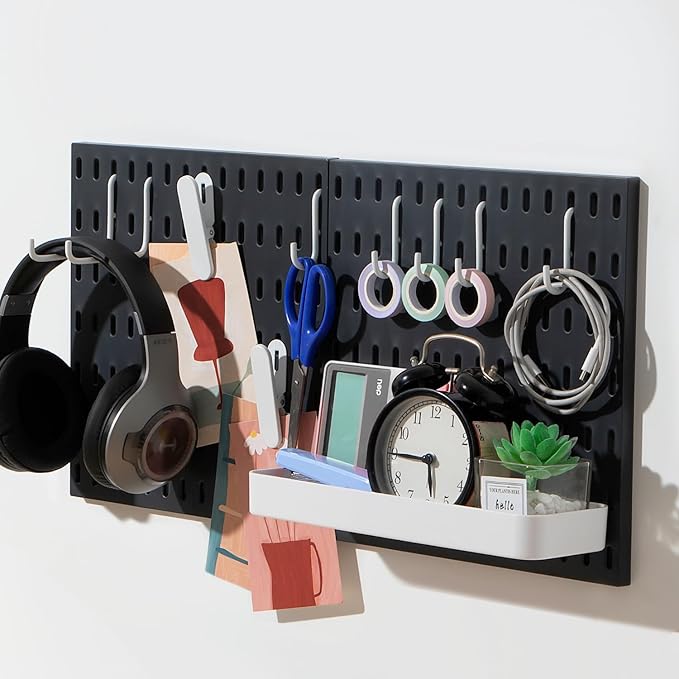 Keepo Peg Board Wall Organizer – Plastic Pegboard Panels, Modular Peg Board Storage System for Home Office, Craft Room, Gaming Setup (Black, 22″×11″)