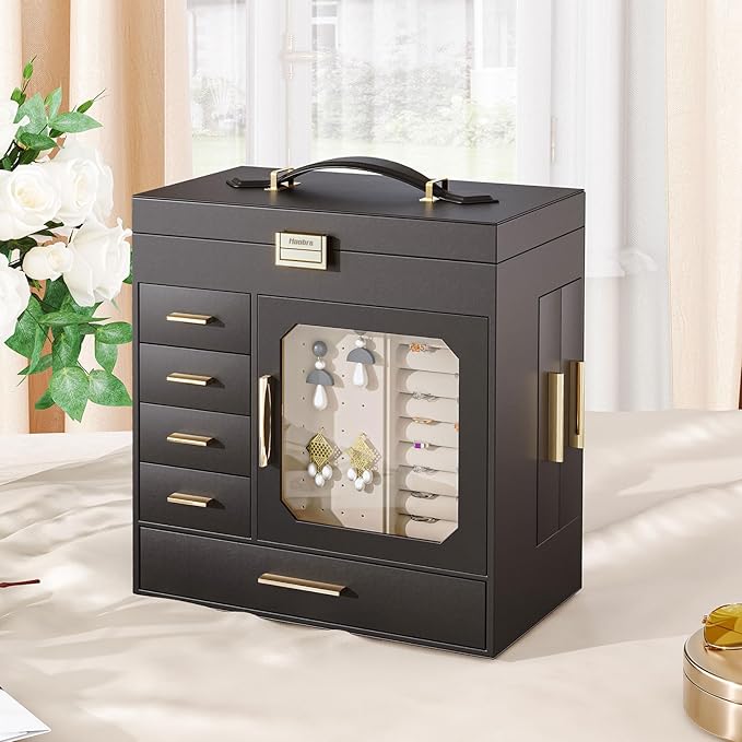 HOOBRO Jewelry Box with Mirror, Jewelry Organizer Box with Capacious Storage Space, Jewelry Holder Organizer, Hand-Held Jewelry Case, Glass Cover, Modern Style, Black and Light Gold BK06JB04G1
