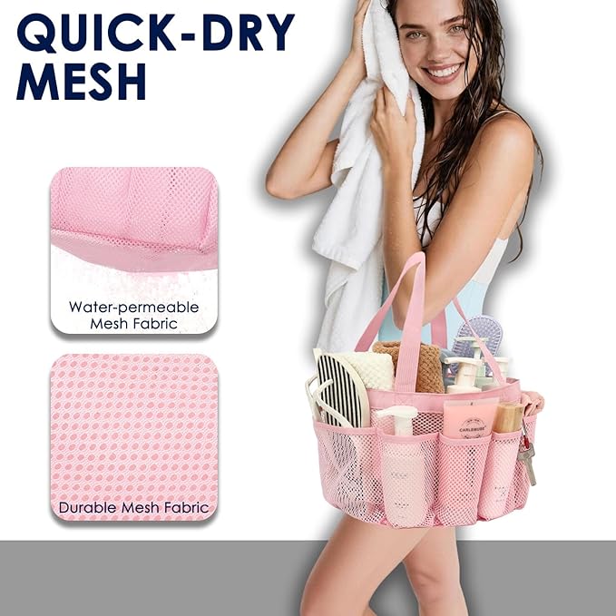 GYEUKHAM Large Mesh Shower Caddy Portable with 8-Pocket for College Dorm Room Essentials,Quick-Dry Handing Shower Basket Tote Bag for Toiletry, Bathroom,Beach,Camp,Gym,Pink