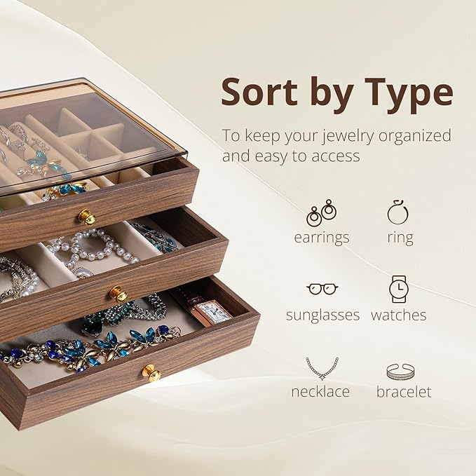 CLUQMEIK 3 Layer Acrylic Case Wooden Drawer Jewelry Organizer with Velvet Lining, Jewelry Box for Women and Girls to Store Rings Earrings Bracelets Necklaces（B）