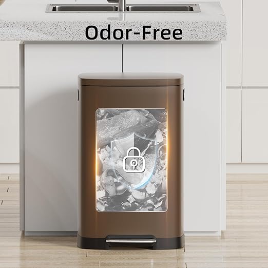 KUK 13 Gallon Kitchen Trash Can with Lid, 50L/13Gal Office Step Garbage Can for Home, Kitchen, Laundry Room, Office, Brushed Stainless Steel, Brown