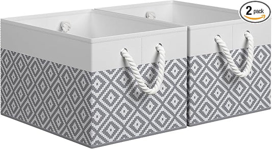 StorageTastic Storage Bins, 2-Pack Large Storage Box with Rope Handles, Collapsible Storage Basket for Organizing Books, Clothes, Rhombic Grey