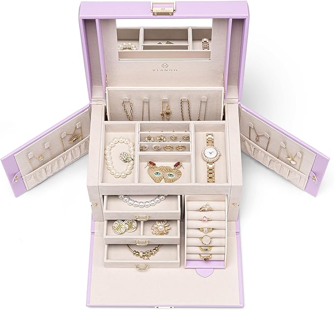 Vlando Mirrored Jewelry Box Organizer, Leather Jewelry Storage Case, Necklaces Earrings Rings Brackets Box Holder, Purple