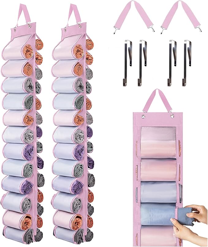 DHSFKBE Legging Organizer Storage, 2PCS T Shirt Organizer, Foldable Hanging Closet Organizer Storage with 26 Roll Independent Compartments for Yoga Pants, Tank Top, Towel, Underwear (Pink)