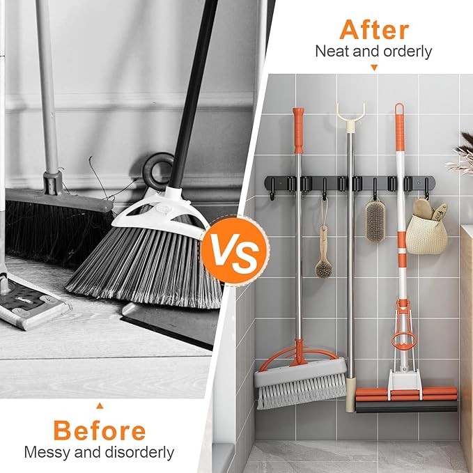 CUXIXA 2 Pack Mop and Broom Holder Wall Mount, Non-slip Broom Hanger Wall Mount, Heavy Duty Mop Broom Organizer for Kitchen Garden Garage Laundry Room Wall Decor Organization and Storage Black 5R4H